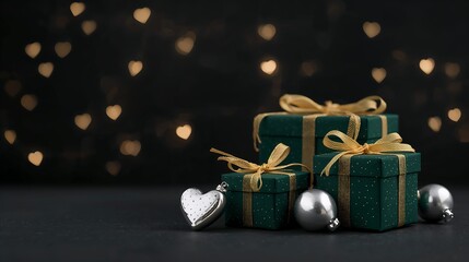 A romantic and festive scene featuring deep green gift boxes, silver ornaments, and heart-shaped bokeh lights