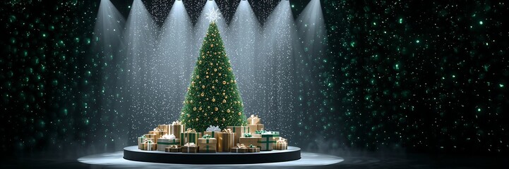 A striking and festive holiday scene featuring a glowing Christmas tree surrounded by beautifully wrapped gifts and snow
