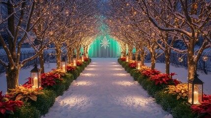 A serene and enchanting winter scene with a snow-covered path adorned with festive lights and poinsettias