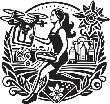 Illustration of a woman with a drone and package, technology and delivery concept