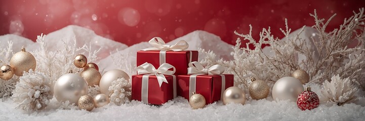 An elegant winter scene featuring beautifully wrapped red presents, gold ornaments, and a snowy background