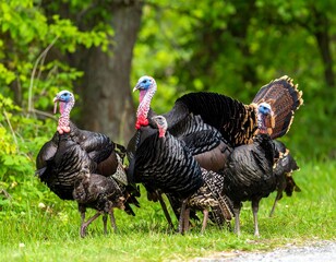 Wild turkeys in a lush green forest setting