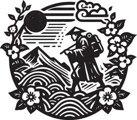 Intricate black and white illustration depicting a hiker traversing mountainous terrain with