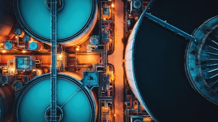 Industrial facility overview aerial view oil tanks urban environment night scene technology in industry
