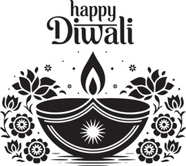 Elegant black and white illustration of a diya lamp for happy diwali celebrations