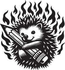 Creative hedgehog mascot holding a pencil surrounded by flames illustration in black and white
