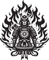 Illustration of a Samurai Warrior in Armor Surrounded by Flames in a Black and White Design