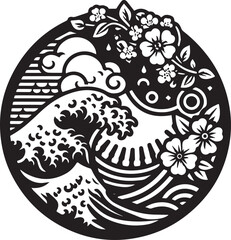 Black and white artistic illustration of waves, clouds, sun, and floral elements in a circle