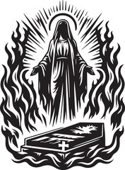 Illustration of a robed figure with outstretched arms, flames, coffin, and radiating light design