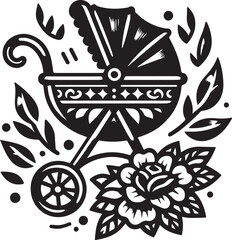 Artistic Black and White Illustration of a Baby Carriage with Floral and Botanical Elements