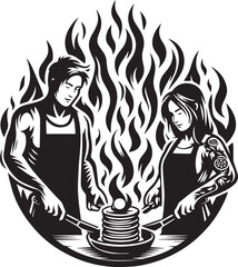 Illustration of a chef couple preparing pancakes with fire in the background in a creative vector