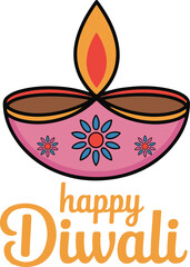 Hand drawn pink diya with flower decoration and happy diwali text