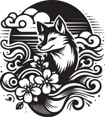 Elegant Black and White Illustration of a Fox Amidst Flowers and Decorative Elements