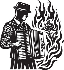Silhouette of a musician playing accordion with stylized flames and a flower design element