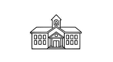 Simple black and white line drawing of a school building with a bell tower and symmetrical design.