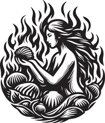 Artistic Illustration of a Woman Surrounded by Flames, Holding a Spherical Object