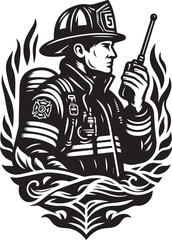 A Detailed Black and White Vector Illustration of a Firefighter Holding a Radio Amidst Flames