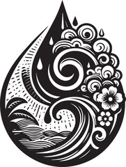Artistic Black and White Illustration of Water Drop Containing Waves, Nature, and Swirls