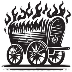 Illustration of a burning wagon, symbolic of destruction, chaos, and historical themes