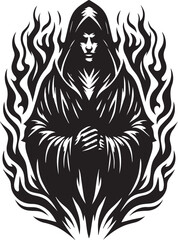 Mysterious figure in a hooded cloak surrounded by flames, a striking monochrome artwork