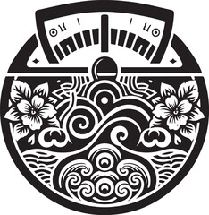 Intricate Black and White Illustration of an Artistic Weighing Scale with Floral Elements