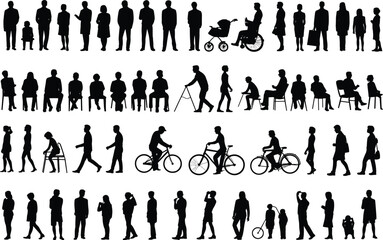 Silhouettes of people, walking, cycling, sitting, standing, diverse ages, adults and children, wheelchair user, elderly with cane, daily life activities, urban lifestyle, mobility,
