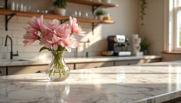 Fresh pink alstroemeria flowers in clear glass vase on bright white marble kitchen island countertop. Natural morning sunlight streams through window, creating warm streaks. Modern home interior with - Powered by Adobe