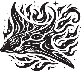 Fototapeta premium Intricate Black and White Tribal Ray Design with Fire-Like Elements and Star Accents