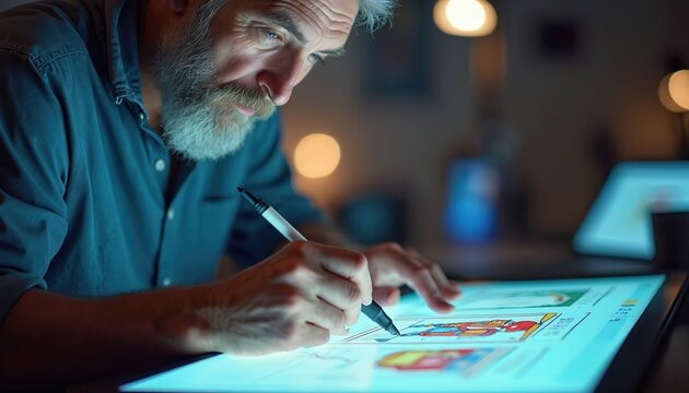 Artist draws comic book panels on digital tablet with stylus pen. Bearded man concentrates on character art, storyboarding, freelance work at desk. Creative person designs cartoons on screen.