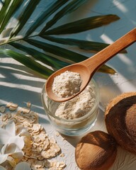 Spoon of collagen powder above glass of water with oats, coconut, and greenery, natural textures, bright daylight, eco wellness aesthetic, vertical composition