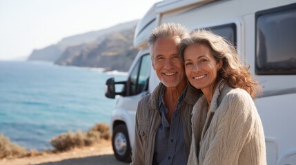 Happy senior couple enjoying freedom of rv travel