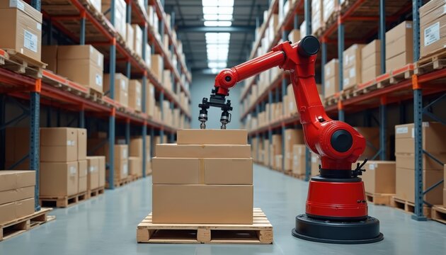 Red robotic arm stacks cardboard boxes in modern warehouse with tall shelves full of packages. Automation streamlines logistics and material handling operations for efficient distribution and storage.