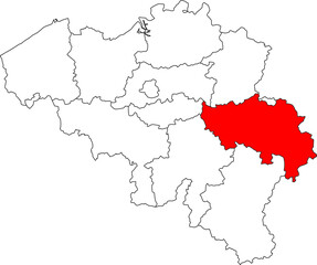 Detailed vector map of Belgium highlighting Liège Province, the eastern industrial region bordering Germany and the Netherlands, featuring the Ardennes hills.

