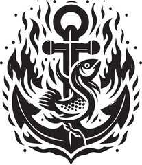Artistic Black and White Illustration of an Anchor, Fish, and Flames with a Nautical Theme