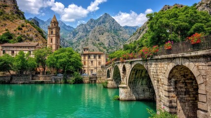 Scenic bridge and historic architecture mountain village travel photography serene environment wide angle scenic beauty