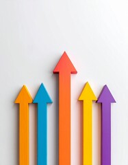 Top view of colorful arrows pointing upward, arranged side by side on a clean background,