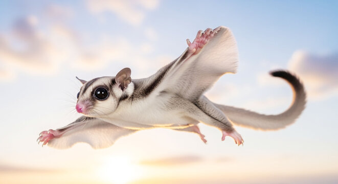 Cute Sugar Glider Gliding Through a Bright Sky at Dawn or Dusk - Powered by Adobe