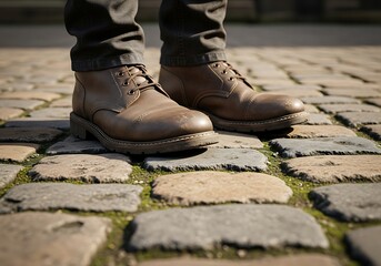 Leather boots standing firmly on the old cobblestone path conveying durability and tradition with casual wear