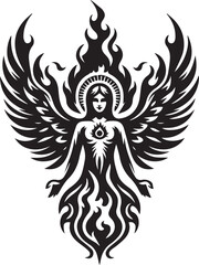 Obraz premium Mystical Phoenix Woman Illustration in Black and White Depicting Strength and Rebirth Symbolism