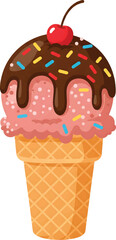 Vector Illustration Delicious Strawberry Ice Cream Cone with Chocolate Drizzle and Cherry