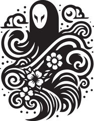 Fototapeta premium Mystical Black and White Illustration Featuring a Figure, Flowers, and Swirling Elements