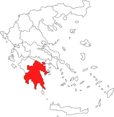 Detailed vector map of Greece highlighting Peloponnese (Peloponnisos), the southern peninsula region famous for key historical sites like Sparta and Mycenae.

