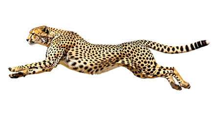 Cheetah in mid-air leap with spotted fur and long tail isolated on a transparent background big cat