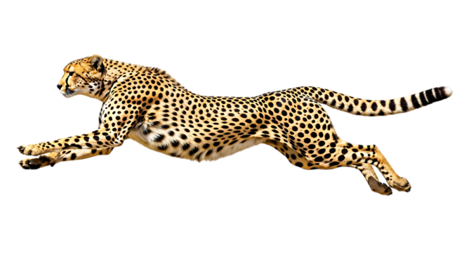 Cheetah in mid-air leap with spotted fur and long tail isolated on a transparent background big cat