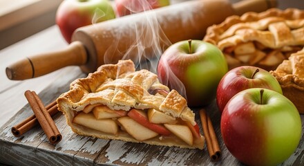 Aromatic apple pie slice with cinnamon sticks and fresh apples creating a tempting autumn dessert composition