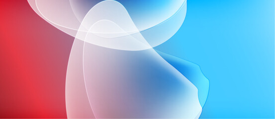 Abstract shapes blend red, white, blue hues. Smooth gradients create flowing visual effect. Minimalist design evokes calm feeling.