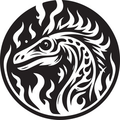 Dramatic black and white illustration of a dragon's head encompassed by flames in a circular design