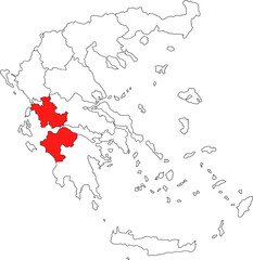 Detailed vector map of Greece highlighting West Greece (Ditiki Ellada), the major western region containing Patras and the historical site of Ancient Olympia.

