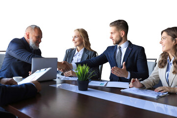 Business people shaking hands, finishing up a meeting on a transparent background