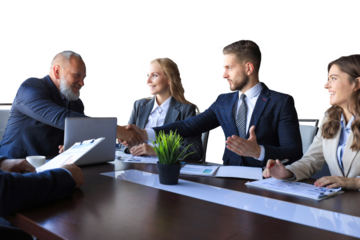 Business people shaking hands, finishing up a meeting on a transparent background